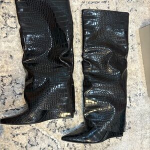 Steve Madden Black Croc-Embossed Knee-High Boots